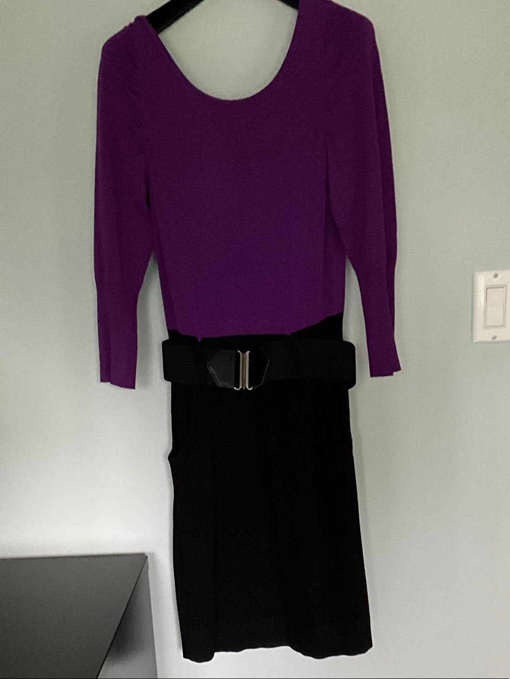 Cache Two-Tone Purple and Black Long-Sleeve Belted Dress